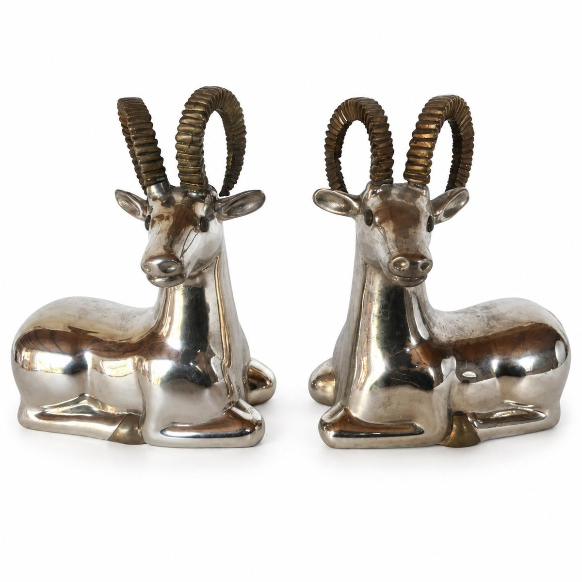 Vintage 1970s Pair of Silver-Tone Recumbent Ibex Sculptures with Gold-Tone Horns