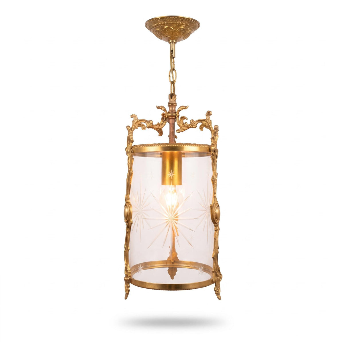 Napoleon III Style Hall Lantern, Star-Cut Glass Cylinder in Gilt Metal Rococo Frame, Ceiling Canopy and Chain