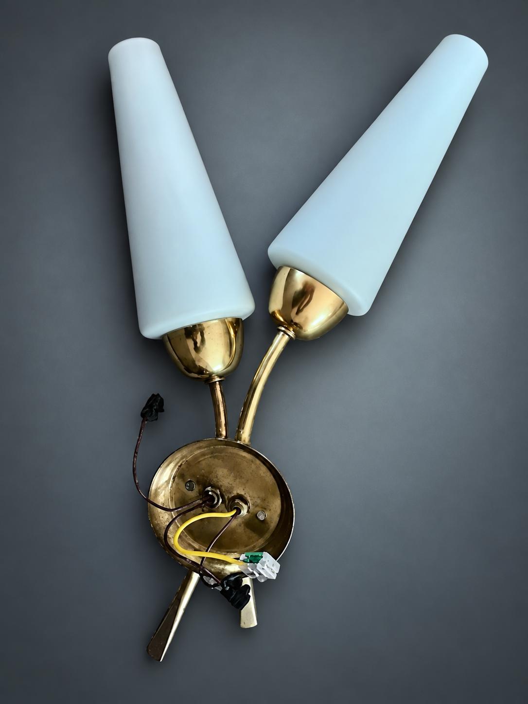 1960s Style Double Wall Sconce, Crossed Gold-Tone Arms, Milky White Glass Cone Shades, Mid-Century Wall Light