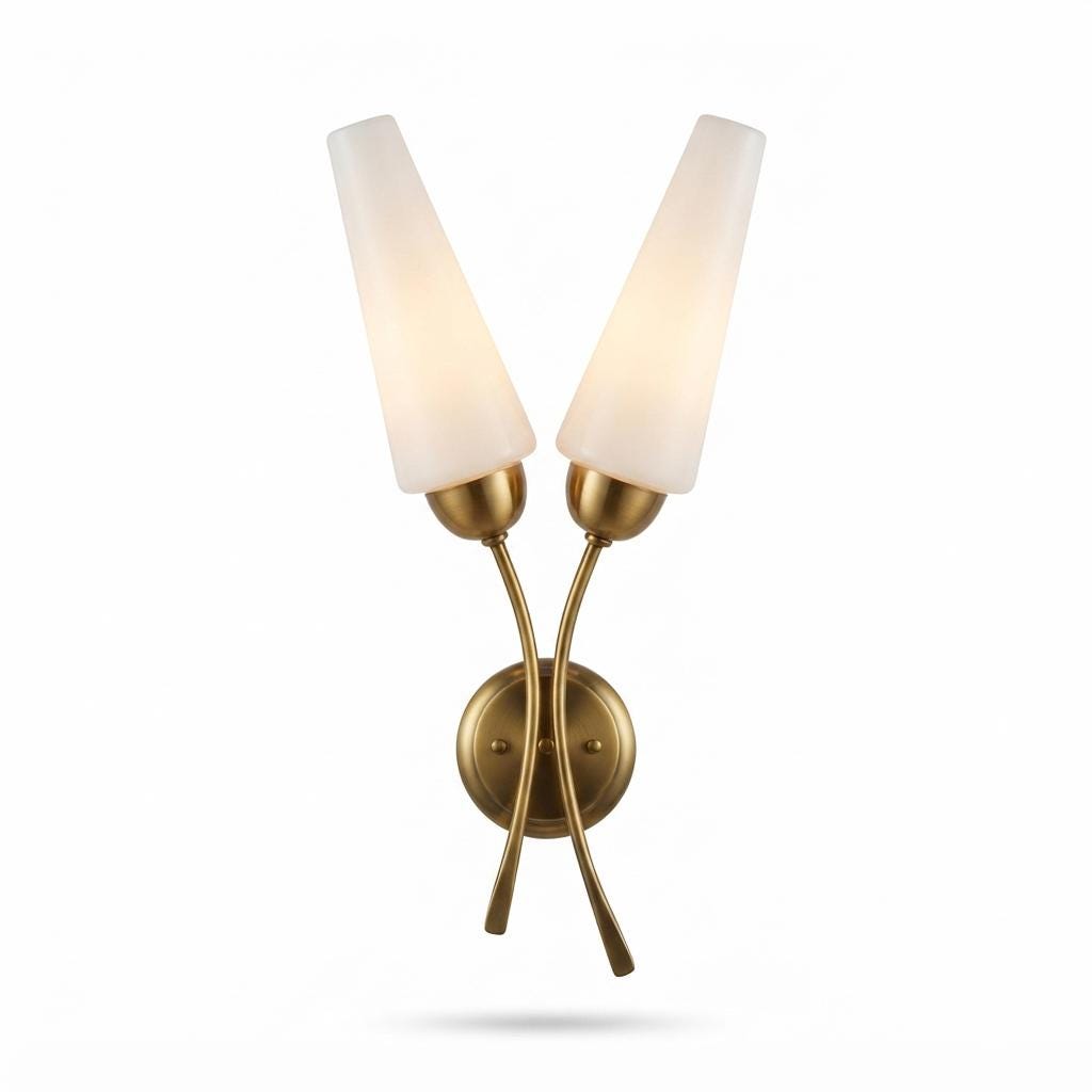 1960s Style Double Wall Sconce, Crossed Gold-Tone Arms, Milky White Glass Cone Shades, Mid-Century Wall Light