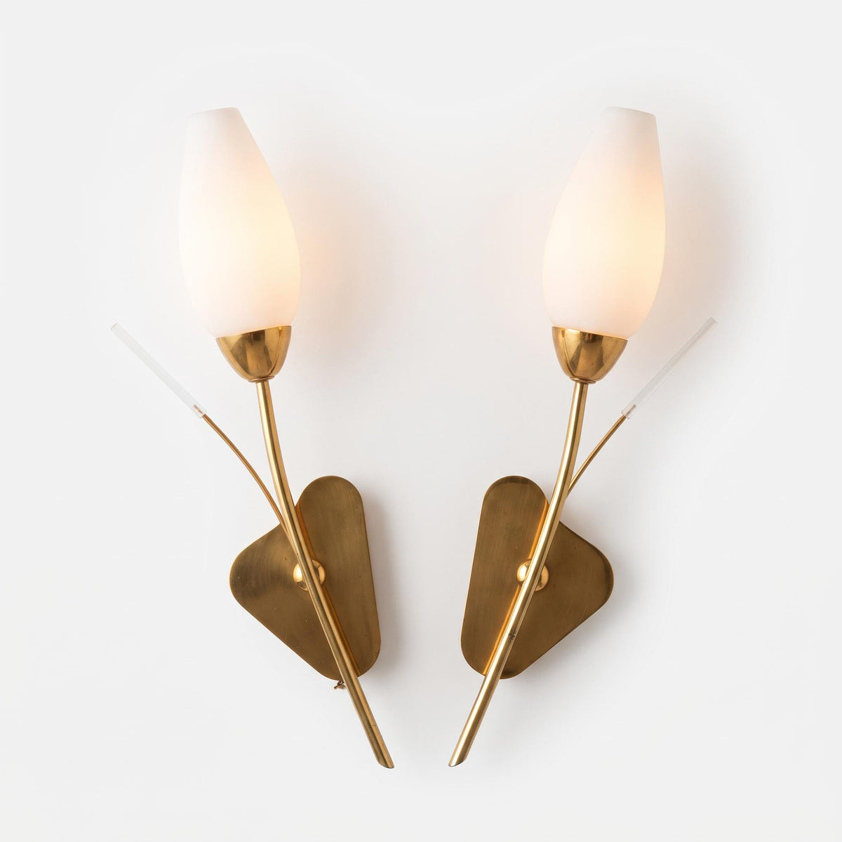 Pair of Tulip Wall Sconces, Satin White Glass Shades, Gold-Tone Stems and Triangular Plates, Clear Acrylic Accents, 1950s–60s Style