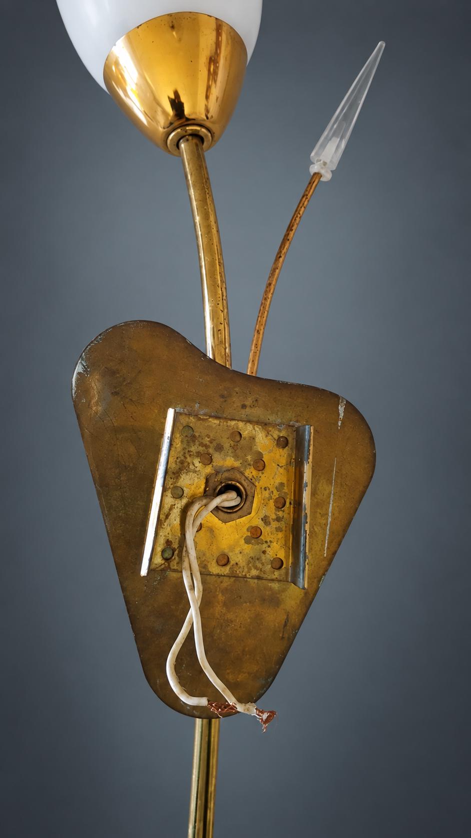 Pair of Tulip Wall Sconces, Satin White Glass Shades, Gold-Tone Stems and Triangular Plates, Clear Acrylic Accents, 1950s–60s Style