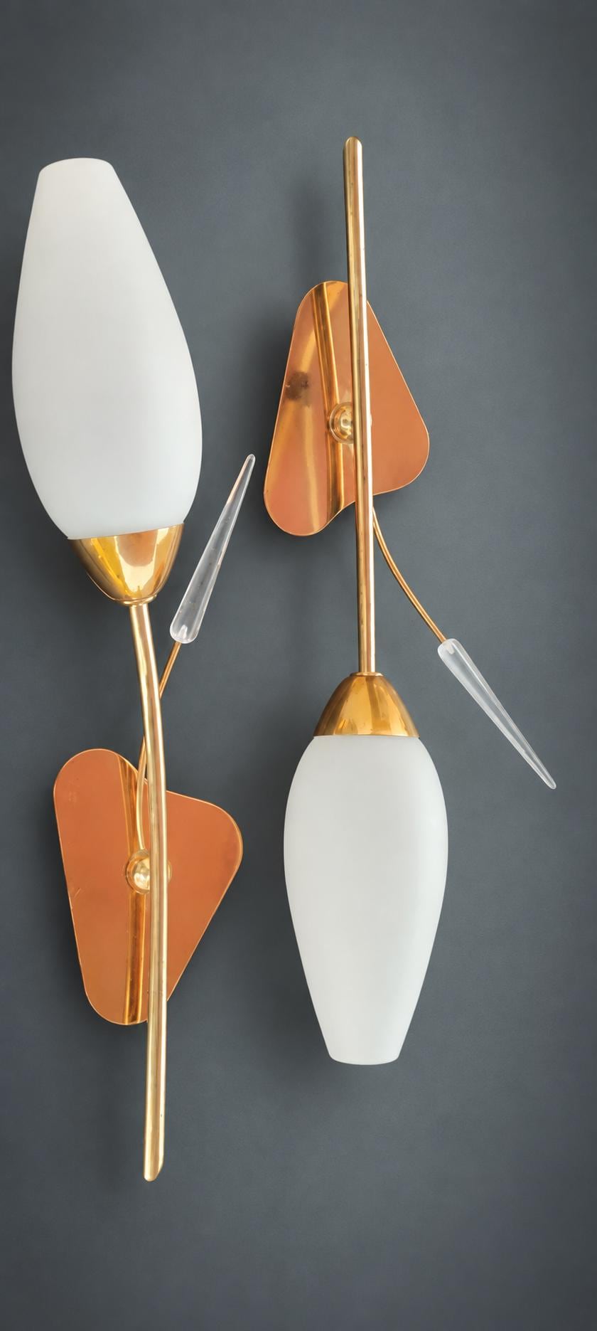 Pair of Tulip Wall Sconces, Satin White Glass Shades, Gold-Tone Stems and Triangular Plates, Clear Acrylic Accents, 1950s–60s Style