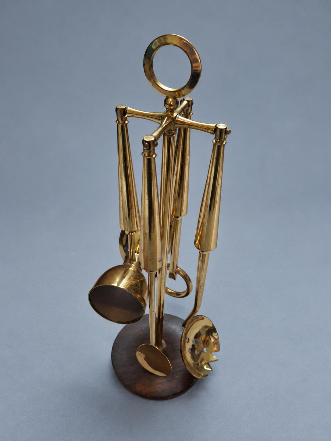 Vintage Brass Bar Tool Set on Stand, Four Cocktail Accessories with Wood and Brass Tree Stand, Bar Cart Decor, 32 cm