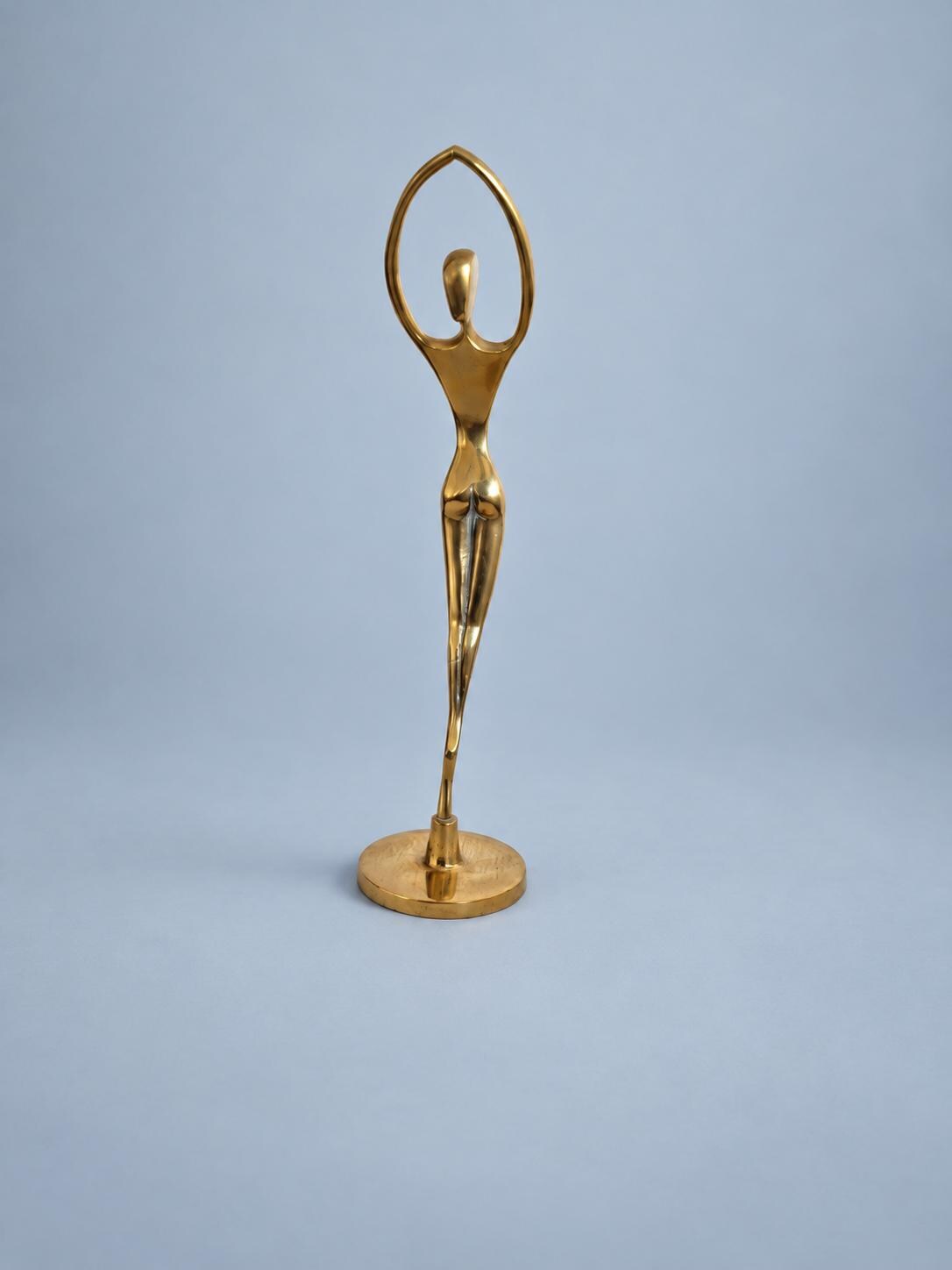 Vintage Brass Arched Female Figure Sculpture, Raised Arms Forming a Ring, Modernist Mid-Century Style, 30 cm