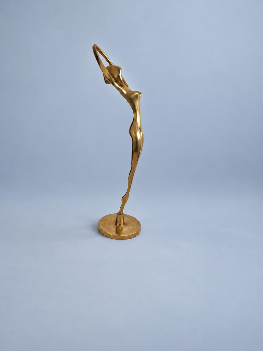 Vintage Brass Arched Female Figure Sculpture, Raised Arms Forming a Ring, Modernist Mid-Century Style, 30 cm