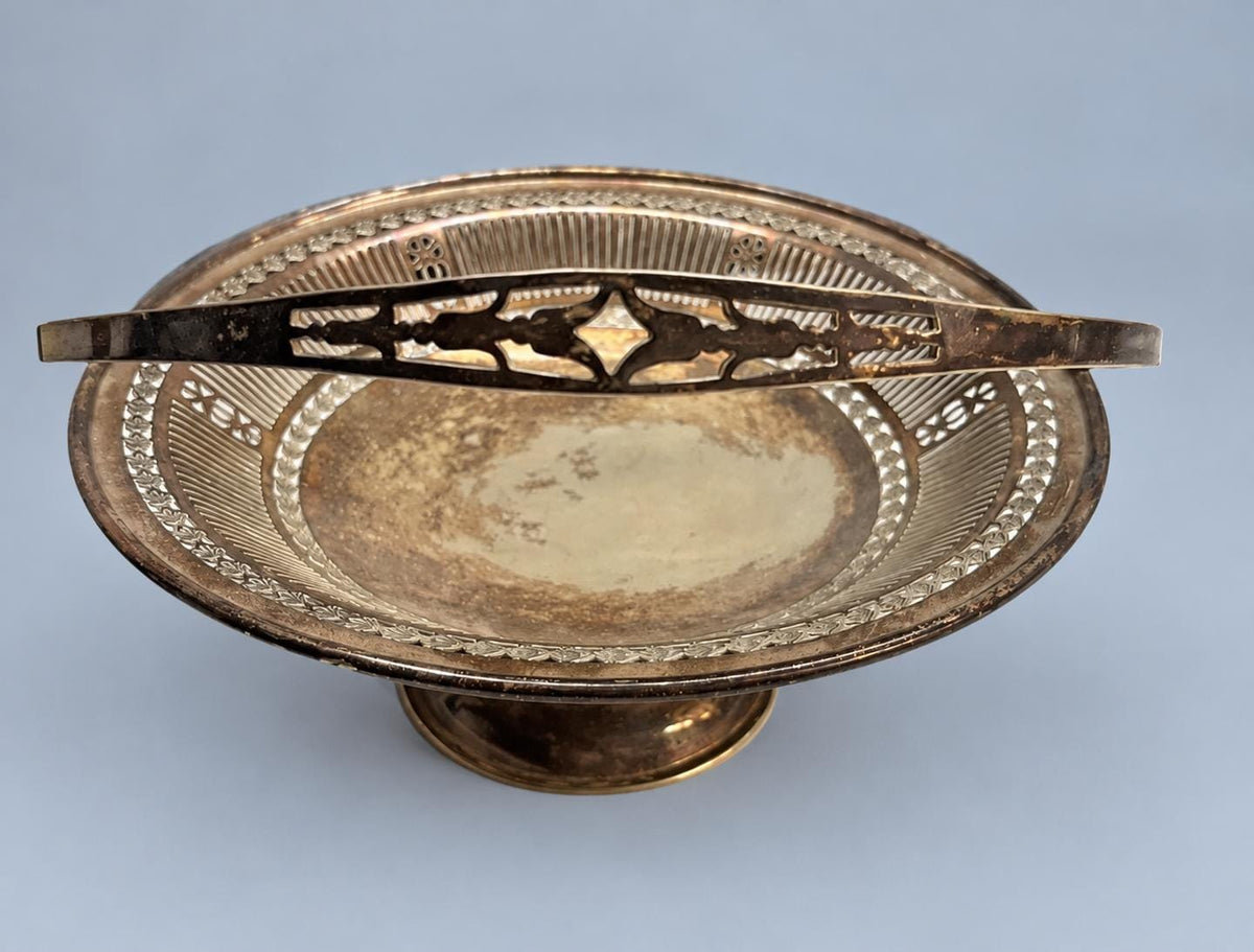 Vintage Pierced Footed Basket with Swing Handle, Silver-Tone Metal Pedestal Cake or Fruit Basket, Edwardian Style, 25 cm