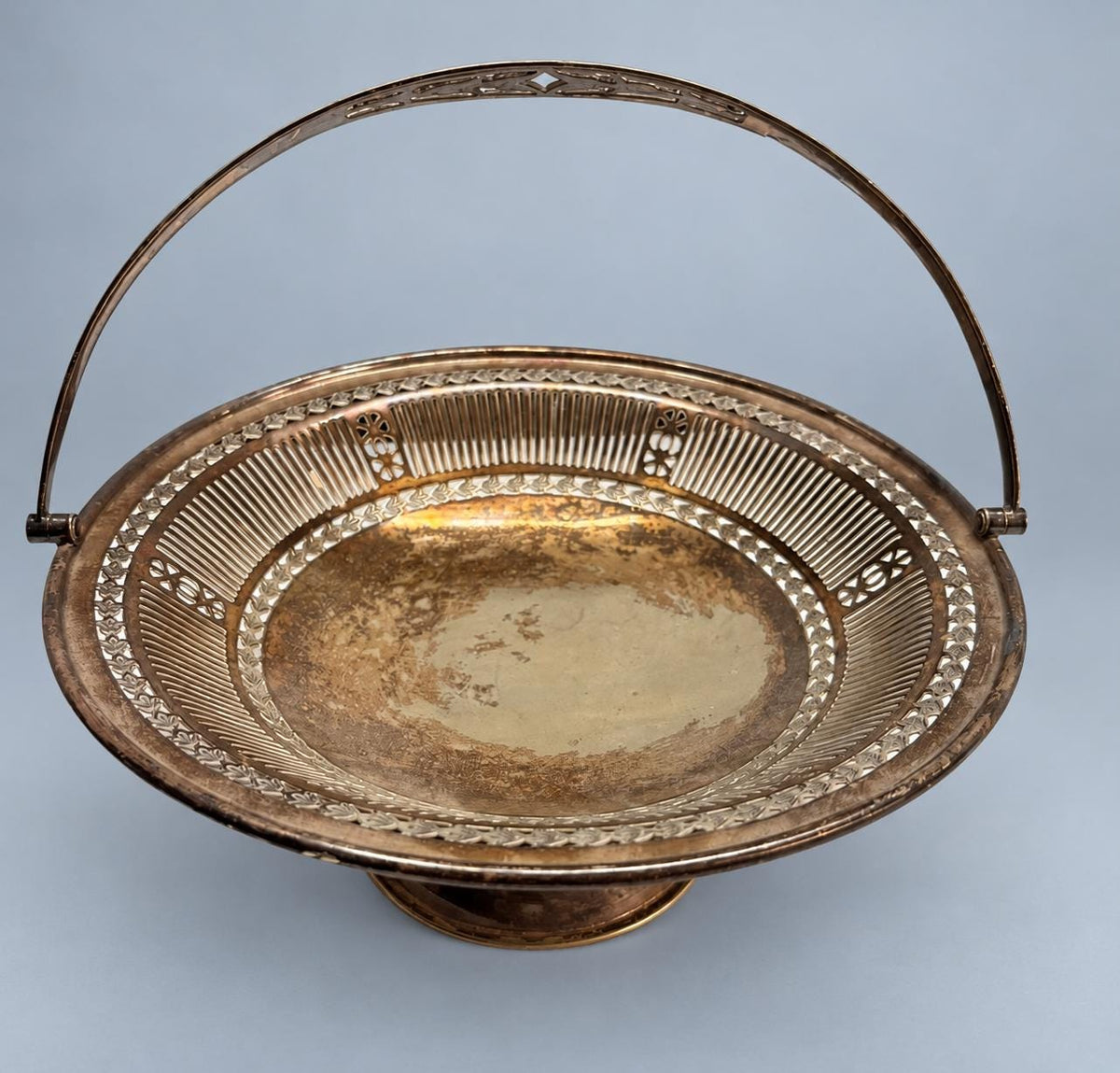 Vintage Pierced Footed Basket with Swing Handle, Silver-Tone Metal Pedestal Cake or Fruit Basket, Edwardian Style, 25 cm