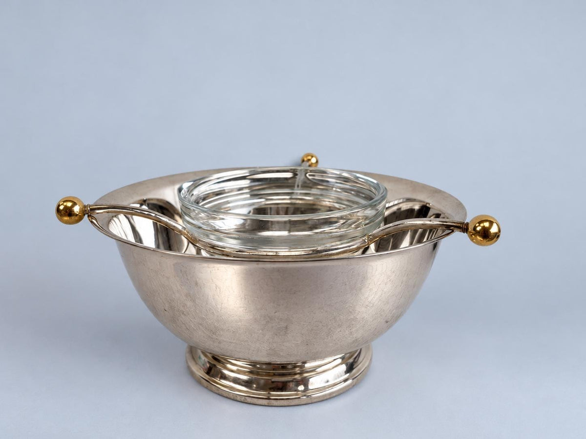 Caviar Server with Iced Bowl, Removable Three-Arm Holder and Glass Dish, Silver-Tone Footed Bowl with Gold-Tone Finials