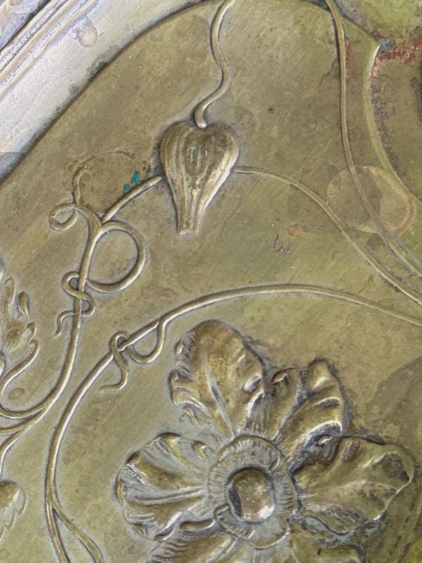 Vintage Art Nouveau Style Metal Tray with Poppy and Tendril Relief, Ribbon-Loop Handles, Patinated Finish, European Catchall Dish