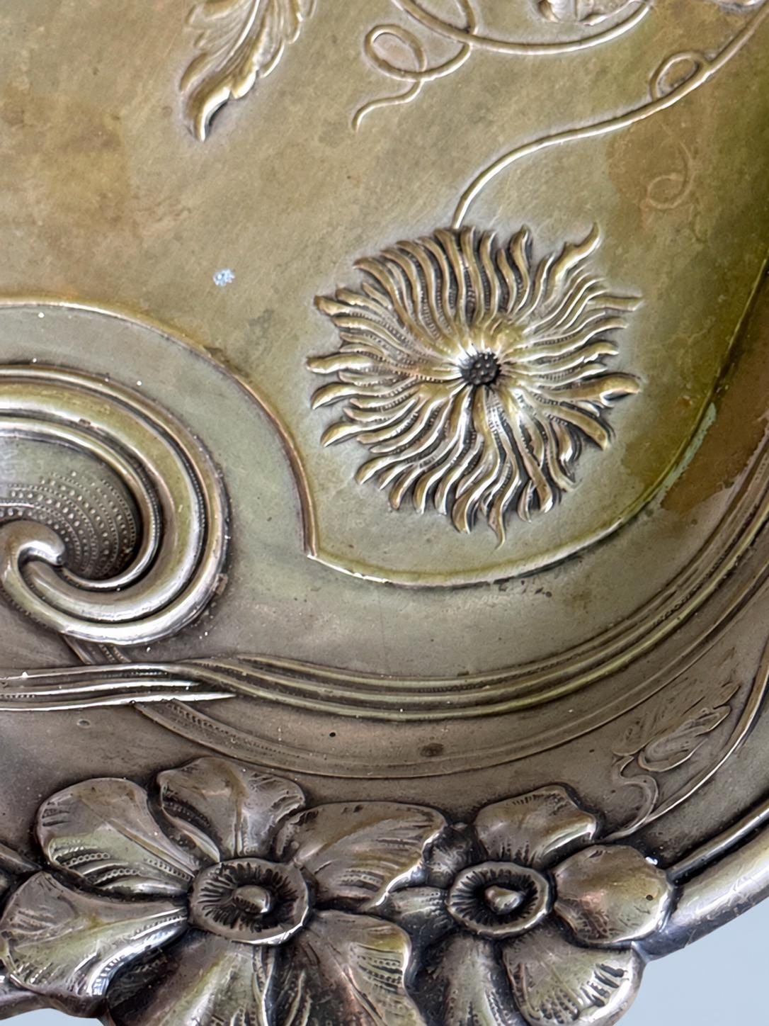 Vintage Art Nouveau Style Metal Tray with Poppy and Tendril Relief, Ribbon-Loop Handles, Patinated Finish, European Catchall Dish