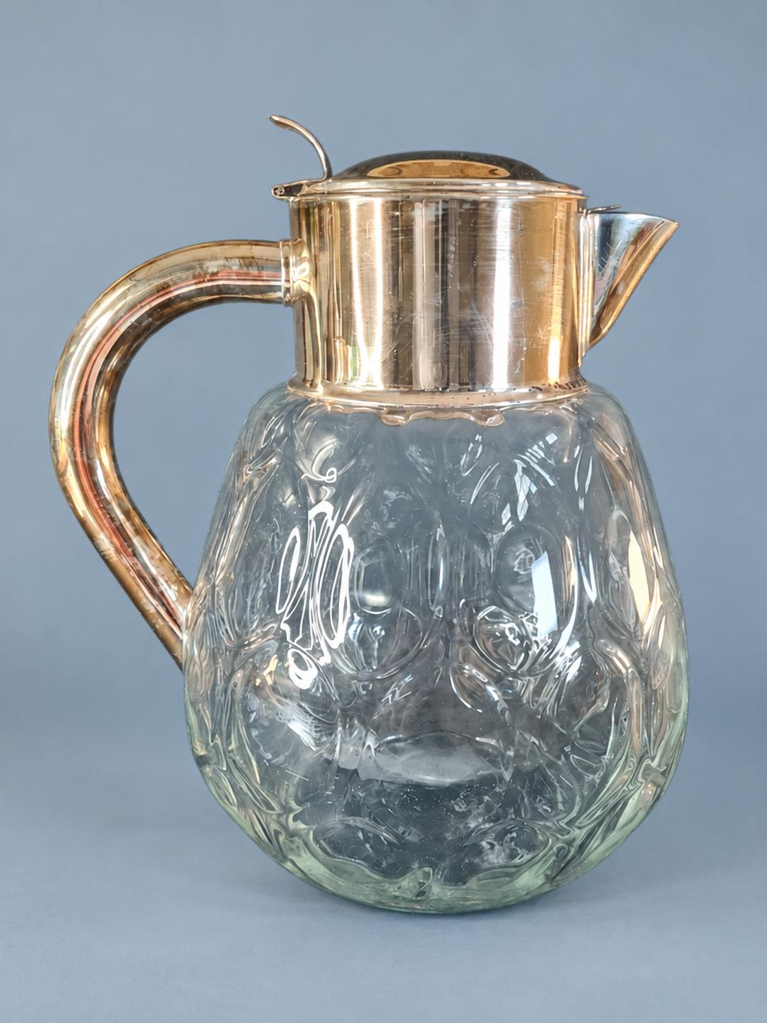 Vintage Molded Glass Pitcher with Silver-Plated Lid and Handle, 28 cm