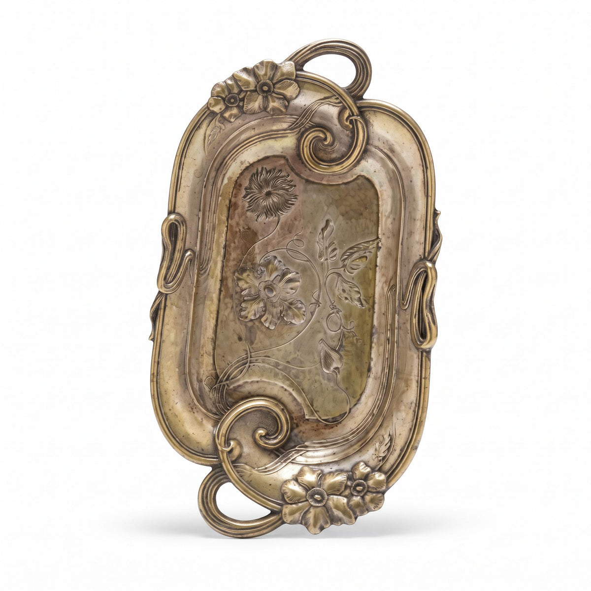 Vintage Art Nouveau Style Metal Tray with Poppy and Tendril Relief, Ribbon-Loop Handles, Patinated Finish, European Catchall Dish