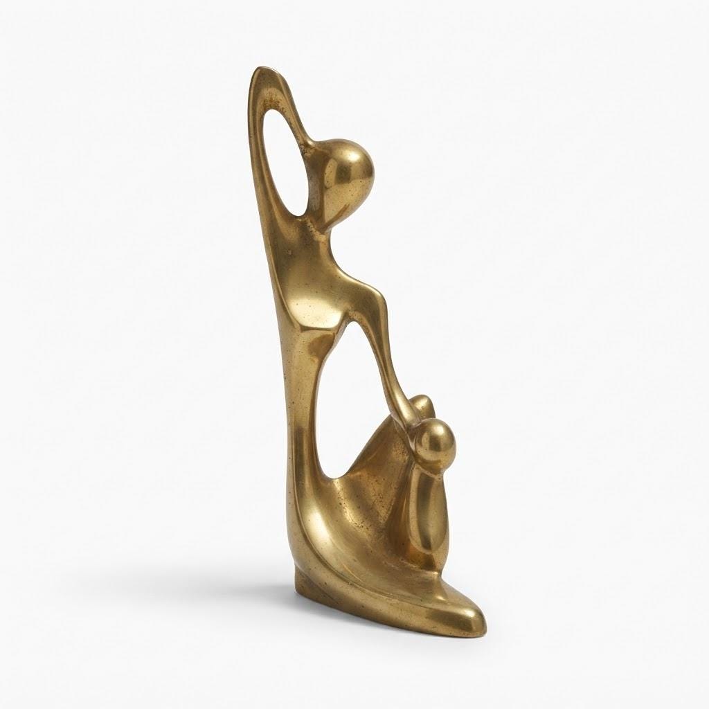 Vintage Mother and Child Abstract Sculpture, Gold-Tone Metal Maternité Figure, Modernist Mid-Century Style, 17 cm