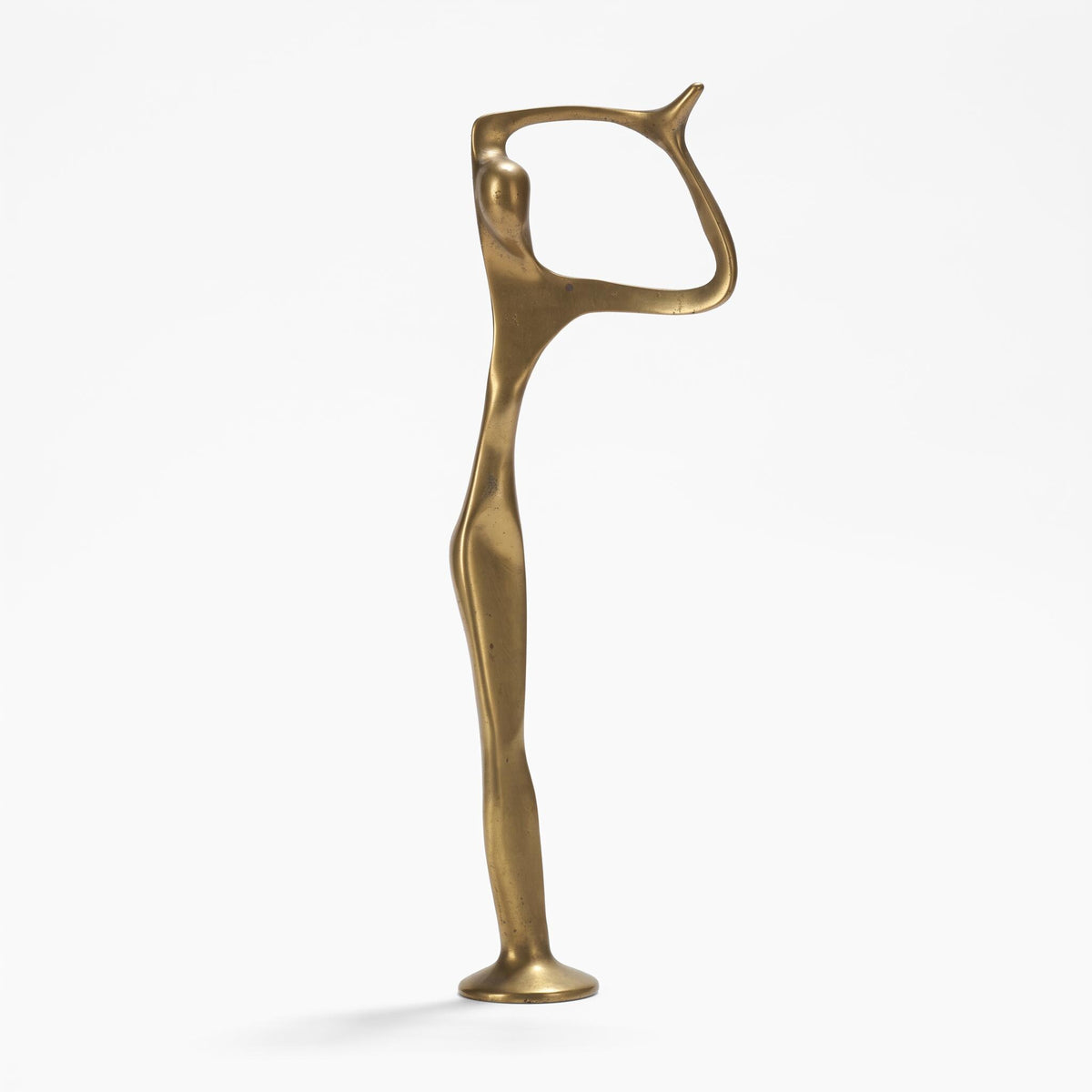 Vintage Modernist Abstract Figure Sculpture, Solid Gold-Tone Metal, Open Arm Loop, Elongated Form on Round Base, 32 cm