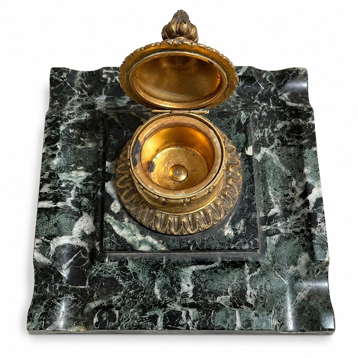 Antique Marble Inkwell with Hinged Bronze-Tone Pot, French Empire Desk Accessory