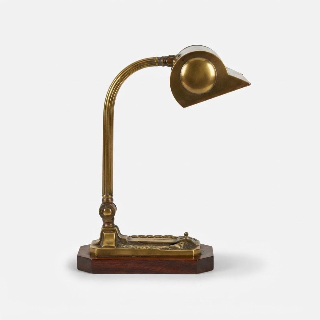 Vintage Banker's Desk Lamp, Attributed 1930s–40s, Brass-Tone Metal Hood and Reeded Arm on Wooden Base, 35 cm