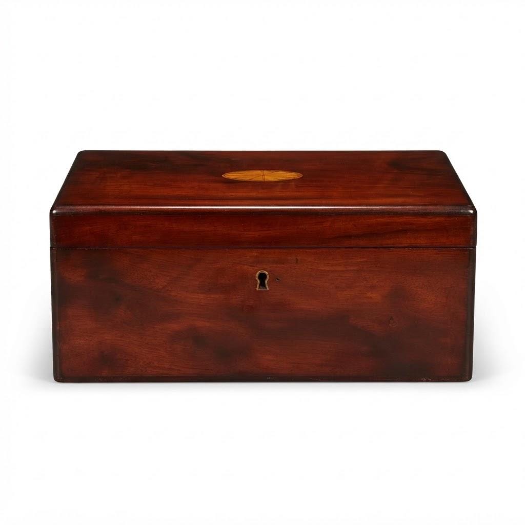 Vintage Mahogany Box with Inlaid Oval Fan Medallion, Lock and Key, Attributed Late 19th Century, 26 cm Jewelry Box