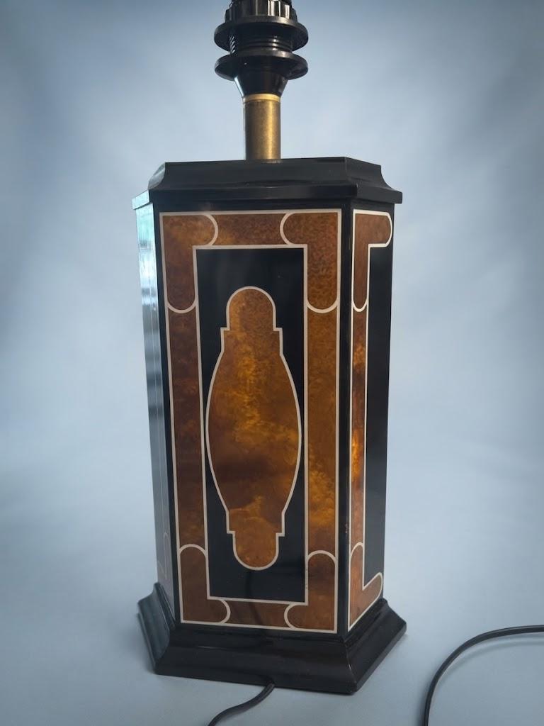Vintage Hollywood Regency Style Lacquered Table Lamp, Attributed 1970s, Black and Amber Panels, Sold Without Shade, 45 cm