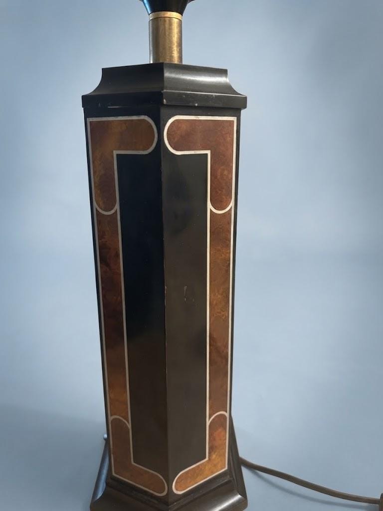 Vintage Hollywood Regency Style Lacquered Table Lamp, Attributed 1970s, Black and Amber Panels, Sold Without Shade, 45 cm