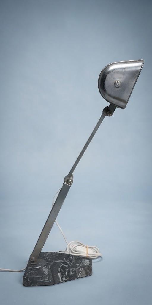 Art Deco Articulated Metal Desk Lamp, Black Veined Marble Base, Adjustable Hood, 1930s–40s Attribution