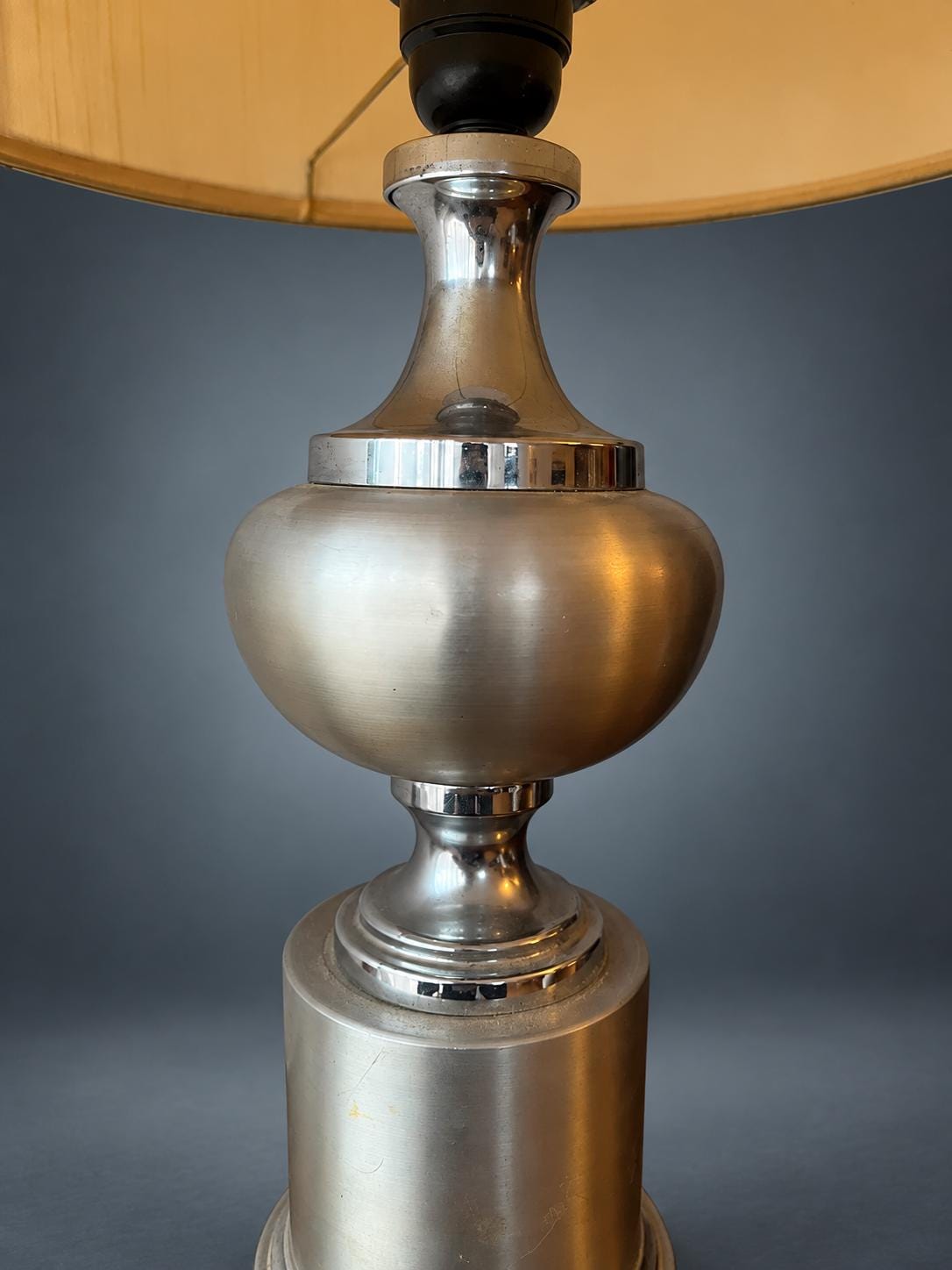 1970s Style Table Lamp, Brushed Silver-Tone Metal Ball and Column Base, Tall Textured Drum Shade with Metallic Trim