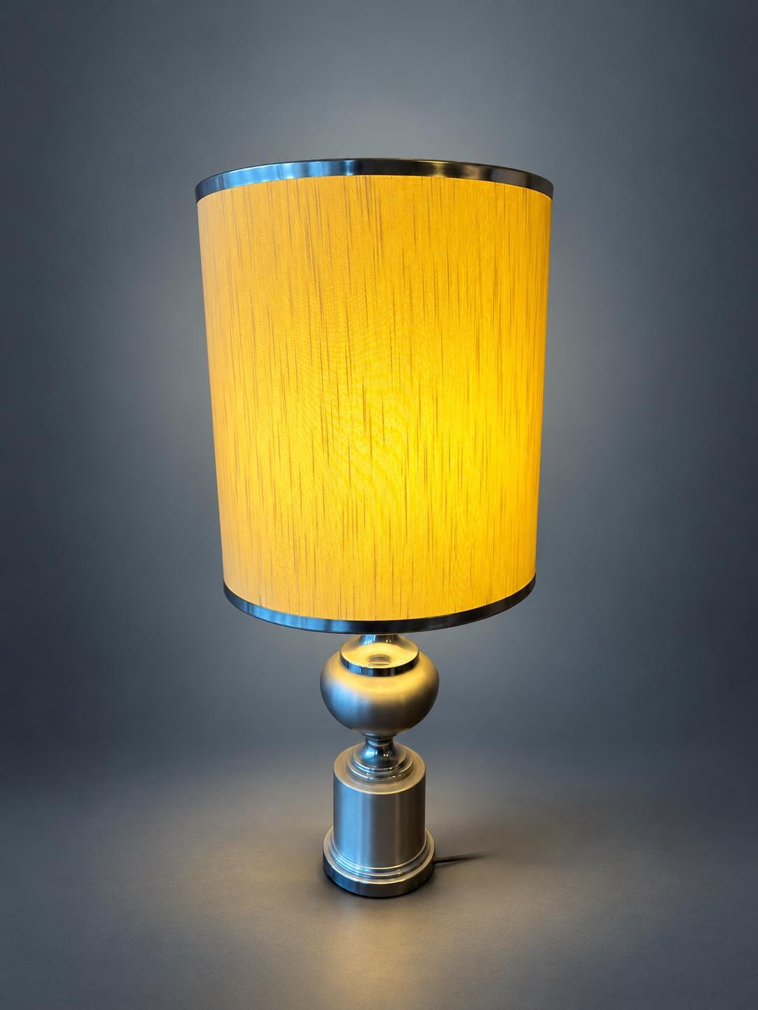 1970s Style Table Lamp, Brushed Silver-Tone Metal Ball and Column Base, Tall Textured Drum Shade with Metallic Trim