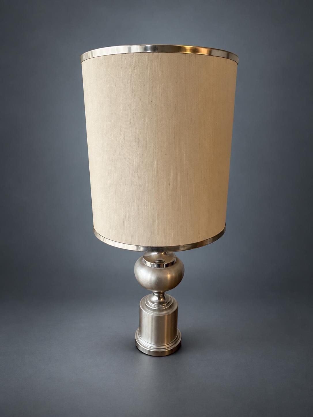 1970s Style Table Lamp, Brushed Silver-Tone Metal Ball and Column Base, Tall Textured Drum Shade with Metallic Trim