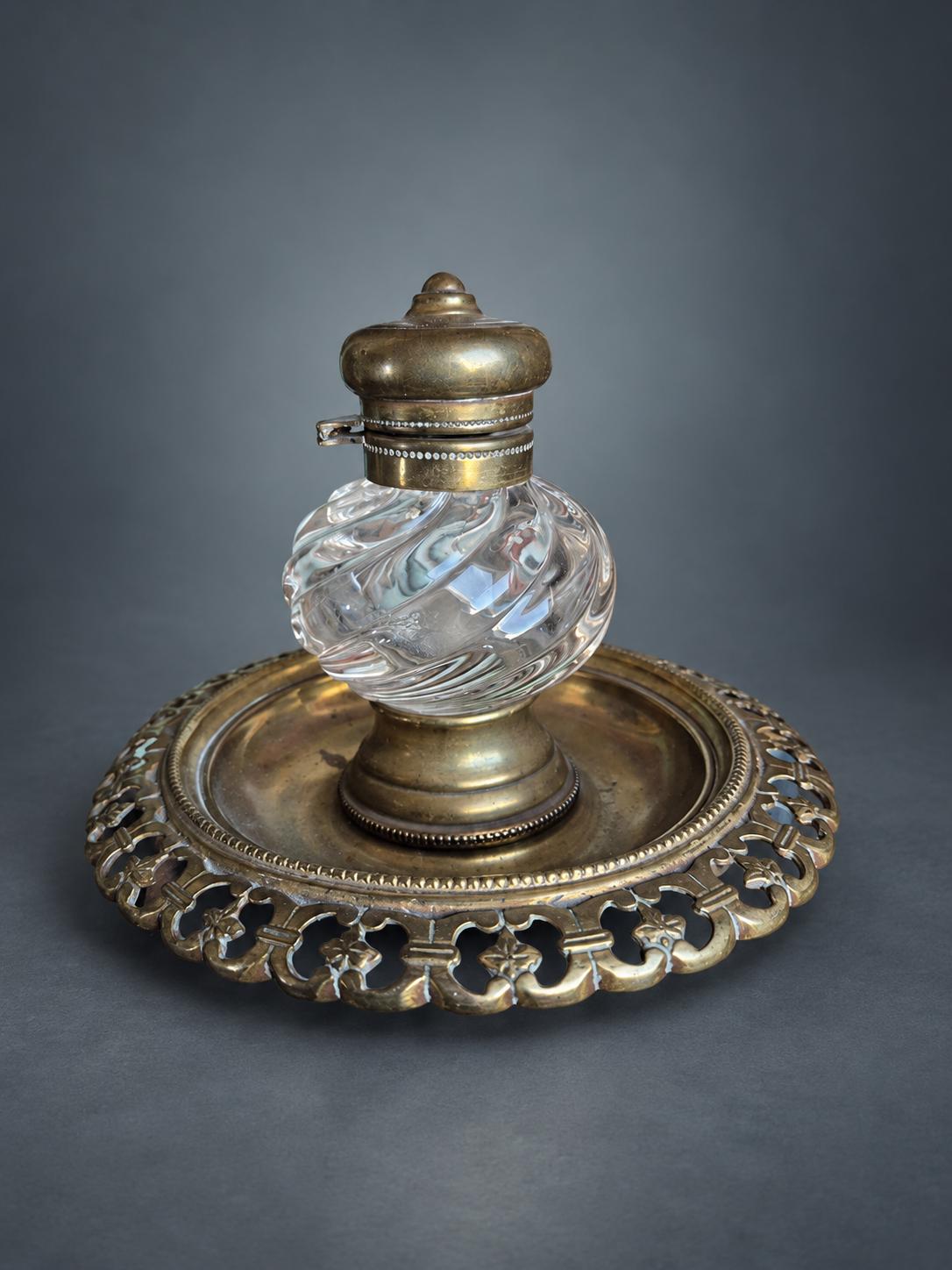 Swirled Glass Inkwell with Hinged Gilt Metal Lid on Pierced Gallery Tray, Louis Philippe Style Desk Inkstand