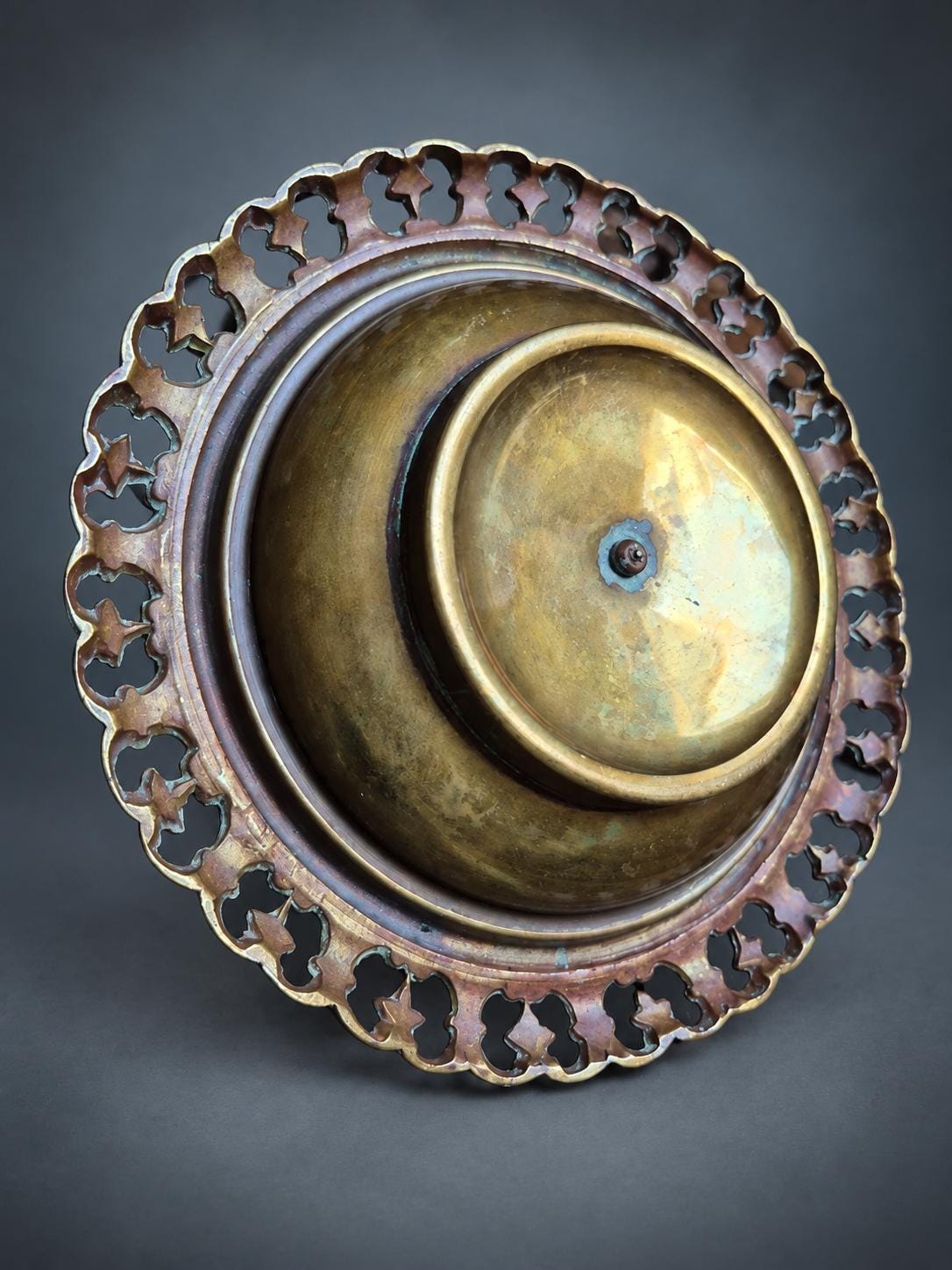 Swirled Glass Inkwell with Hinged Gilt Metal Lid on Pierced Gallery Tray, Louis Philippe Style Desk Inkstand