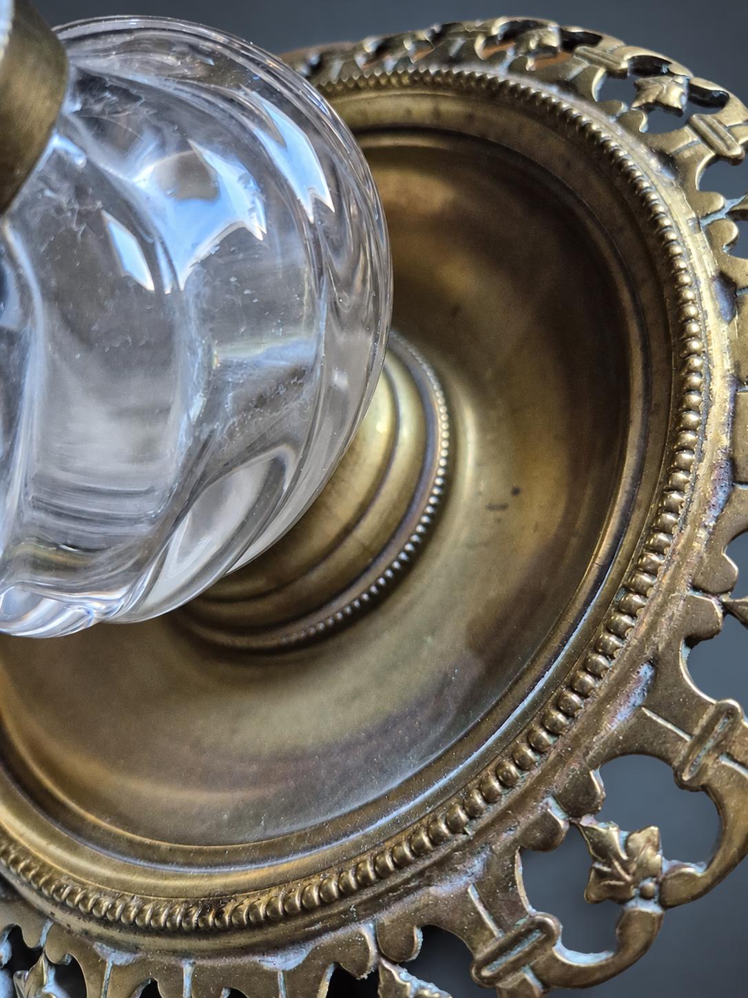 Swirled Glass Inkwell with Hinged Gilt Metal Lid on Pierced Gallery Tray, Louis Philippe Style Desk Inkstand