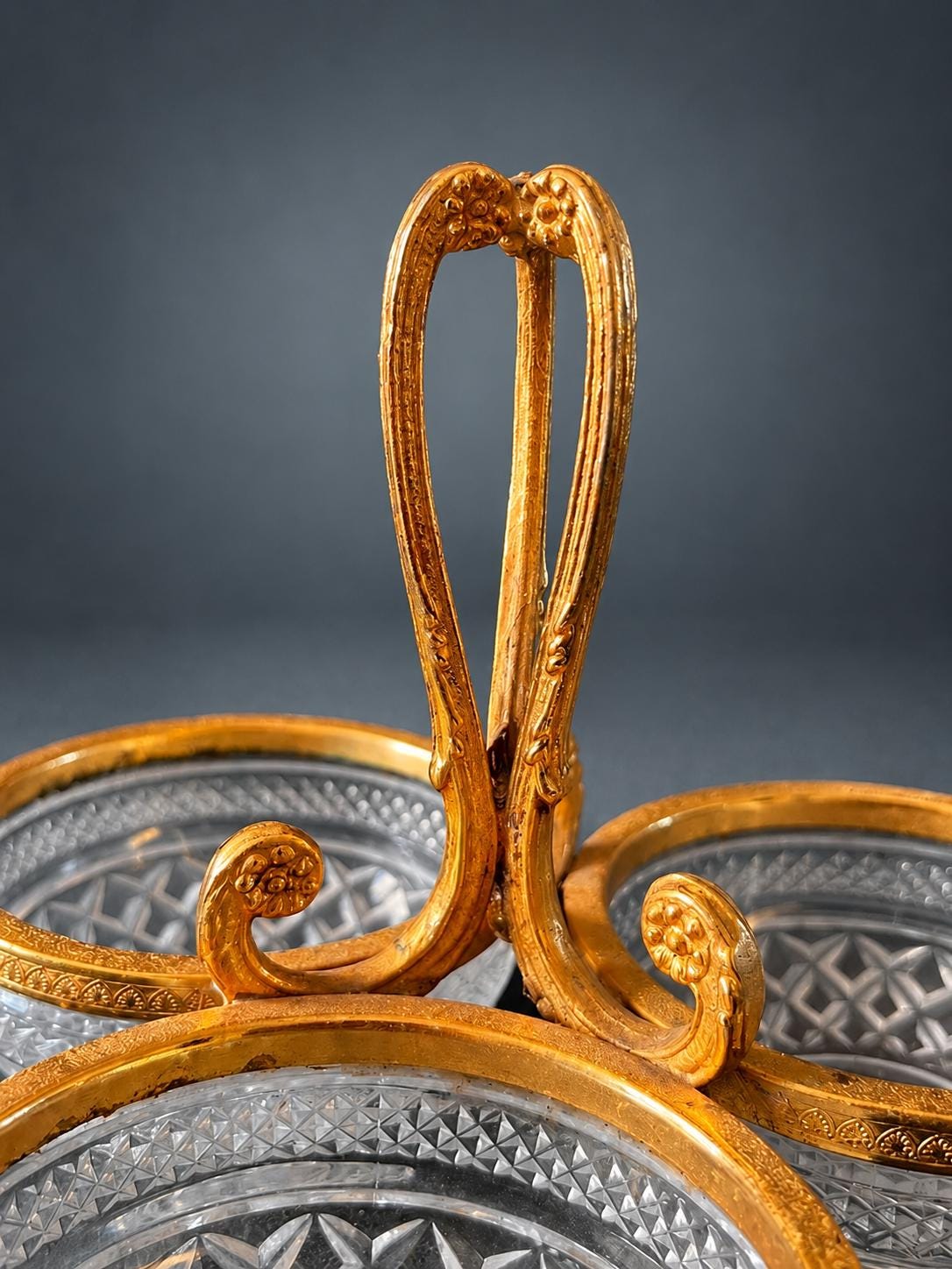 Three-Compartment Glass Serving Dish with Gilt Metal Rims and Looped Handle, Diamond and Star Pattern, Condiment Server
