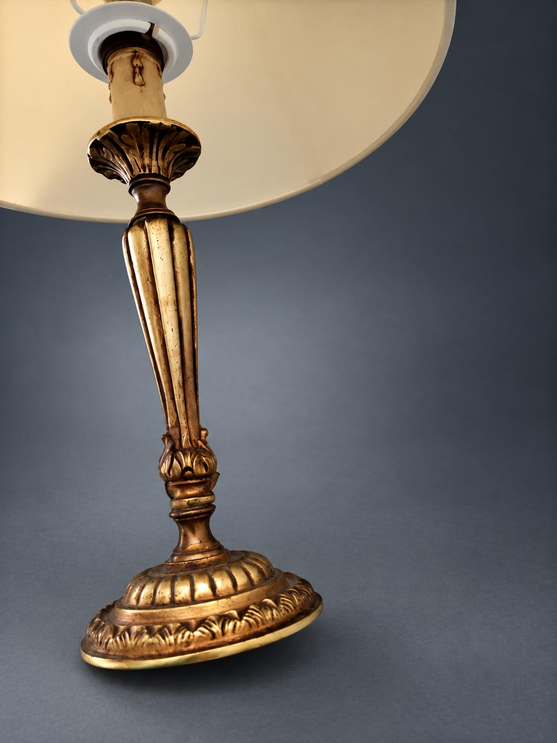 Candlestick Table Lamp in Gilt Metal, Fluted Stem with Leaf-Cast Cup and Base, Candle Sleeve, Cream Cone Shade