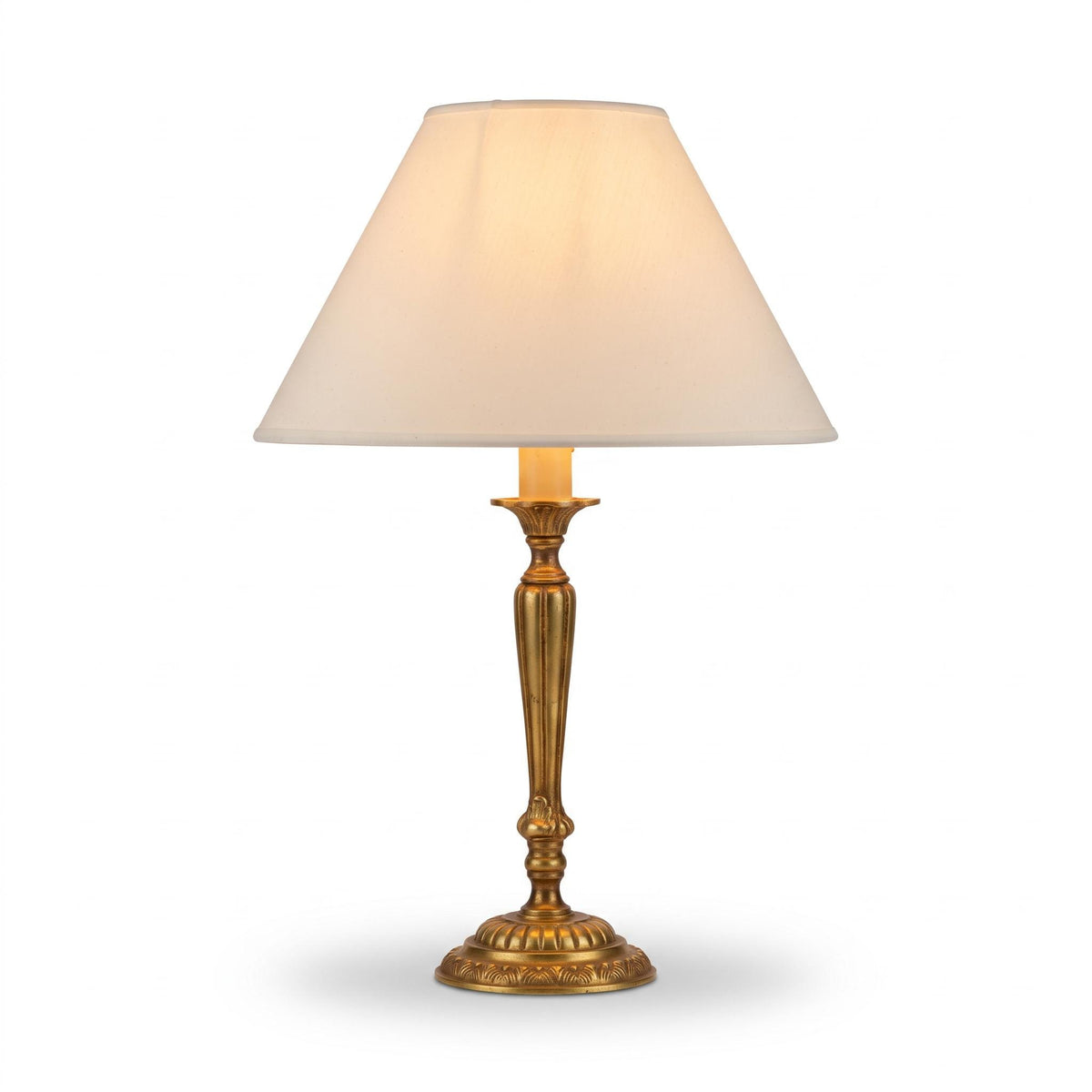 Candlestick Table Lamp in Gilt Metal, Fluted Stem with Leaf-Cast Cup and Base, Candle Sleeve, Cream Cone Shade