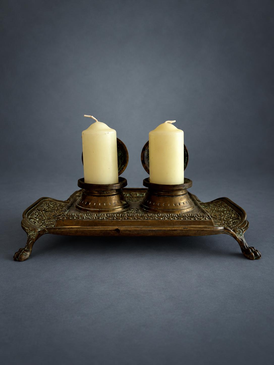 Napoleon III Style Double Inkstand, Patinated Metal with Relief Scrolls, Two Lidded Wells with Bud Finials, Paw Feet