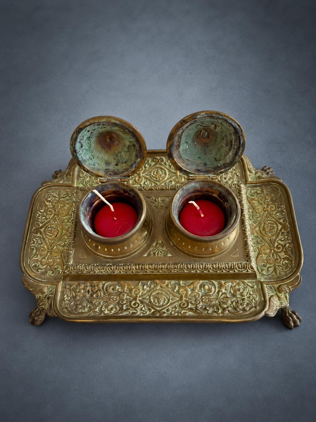 Napoleon III Style Double Inkstand, Patinated Metal with Relief Scrolls, Two Lidded Wells with Bud Finials, Paw Feet