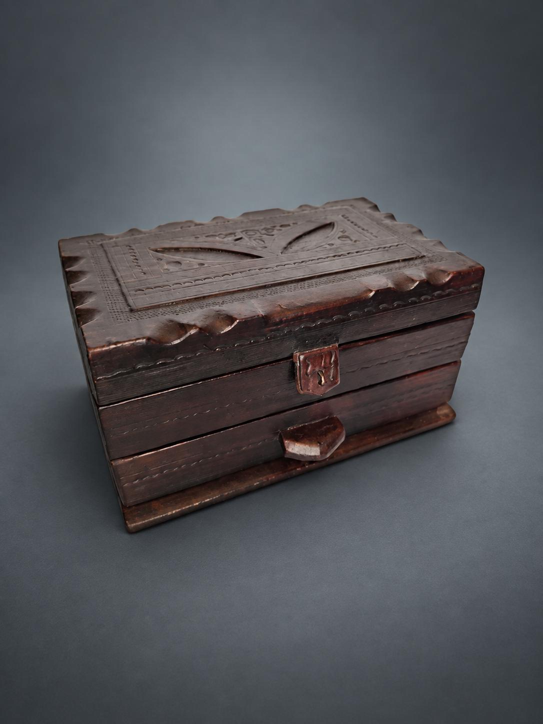 Tooled Leather Jewelry Box with Drawer, Dark Brown Leather with Cut Geometric Motifs, Leather Strap and Hasp