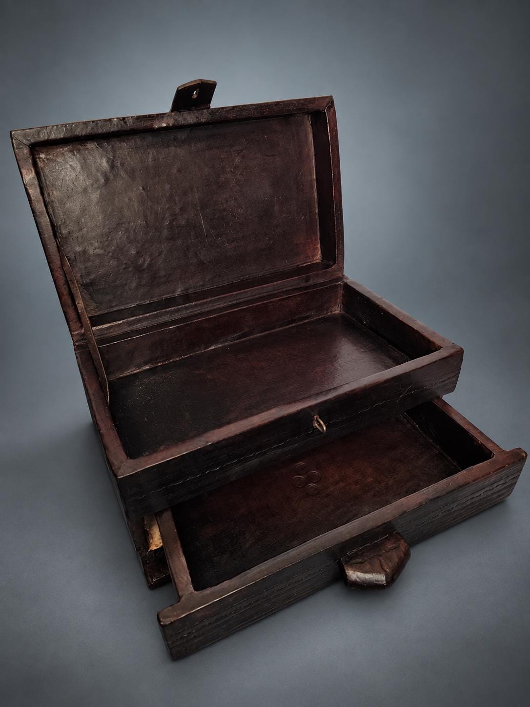 Tooled Leather Jewelry Box with Drawer, Dark Brown Leather with Cut Geometric Motifs, Leather Strap and Hasp
