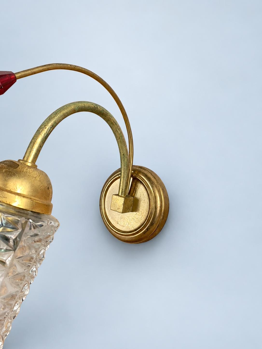 Vintage Gilt Metal Wall Sconce, Attributed 1970s–80s, Pressed Glass Tulip Shade with Red Faceted Drop, 32 cm