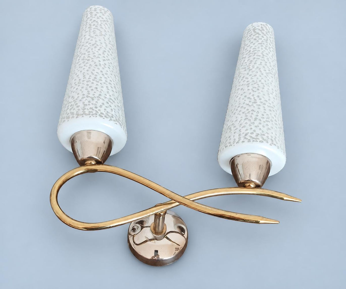 Vintage Double Wall Sconce, Attributed 1950s–60s, Looping Gilt Metal Arms with White Textured Glass Cone Shades, 32 cm