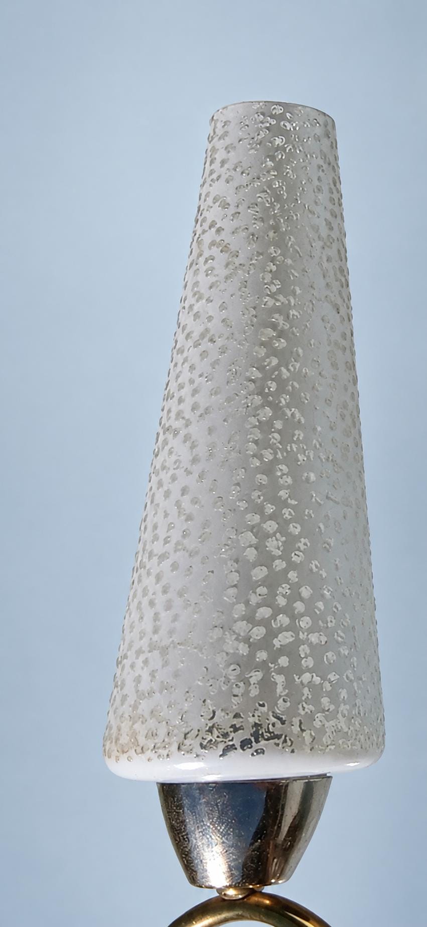 Vintage Double Wall Sconce, Attributed 1950s–60s, Looping Gilt Metal Arms with White Textured Glass Cone Shades, 32 cm