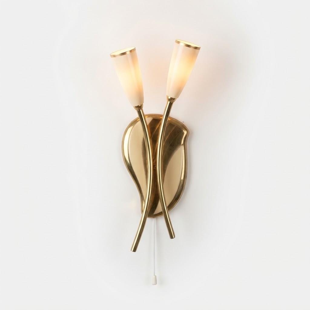 Vintage Double Wall Sconce, Attributed 1950s–60s, Gilt Metal with Crossed Arms and Ivory Lacquered Cone Shades, 25 cm
