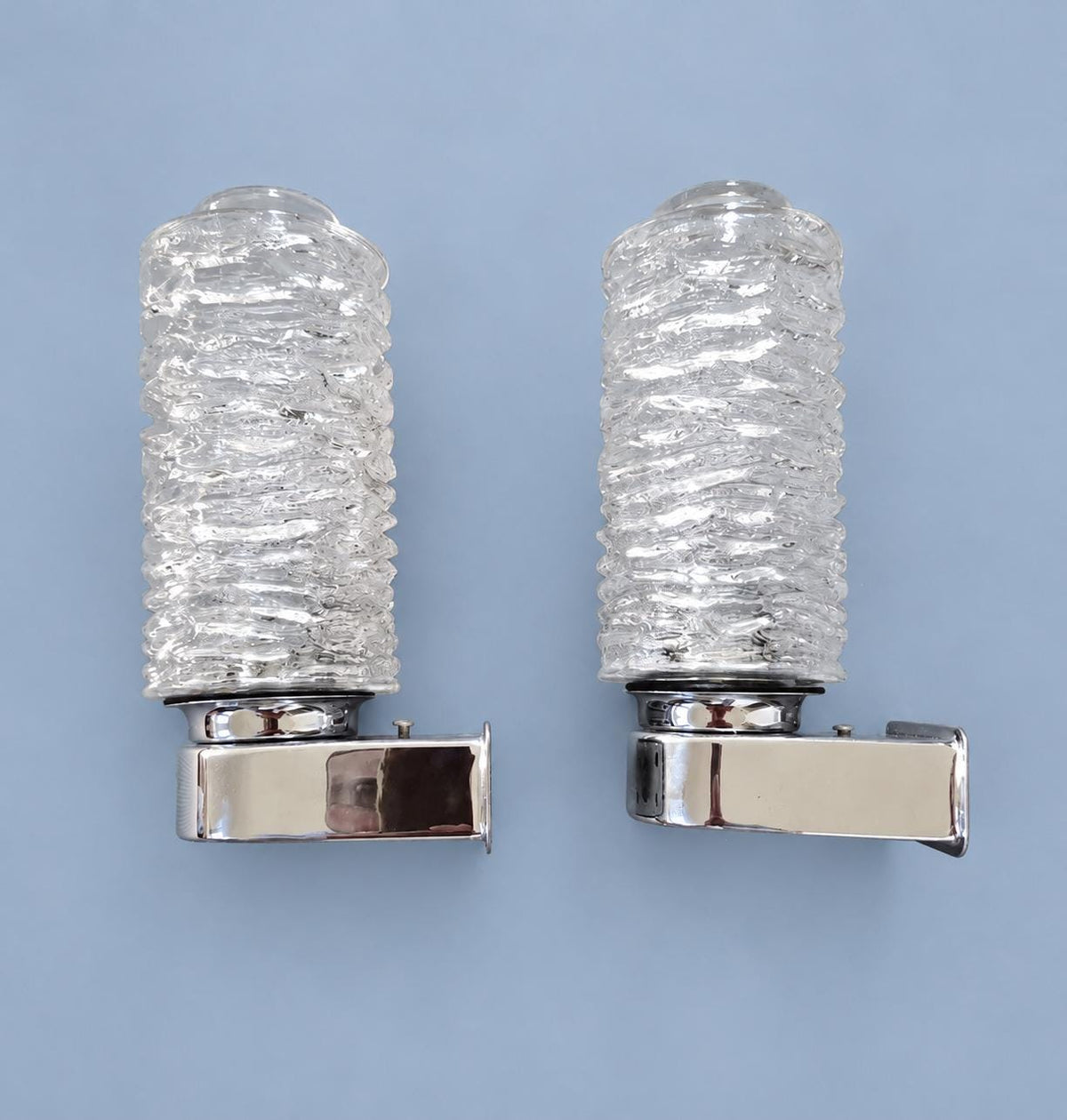 Vintage Pair of Ice Glass Wall Sconces, Attributed 1970s, Chrome-Finish Metal with Textured Clear Glass Shades, 20 cm