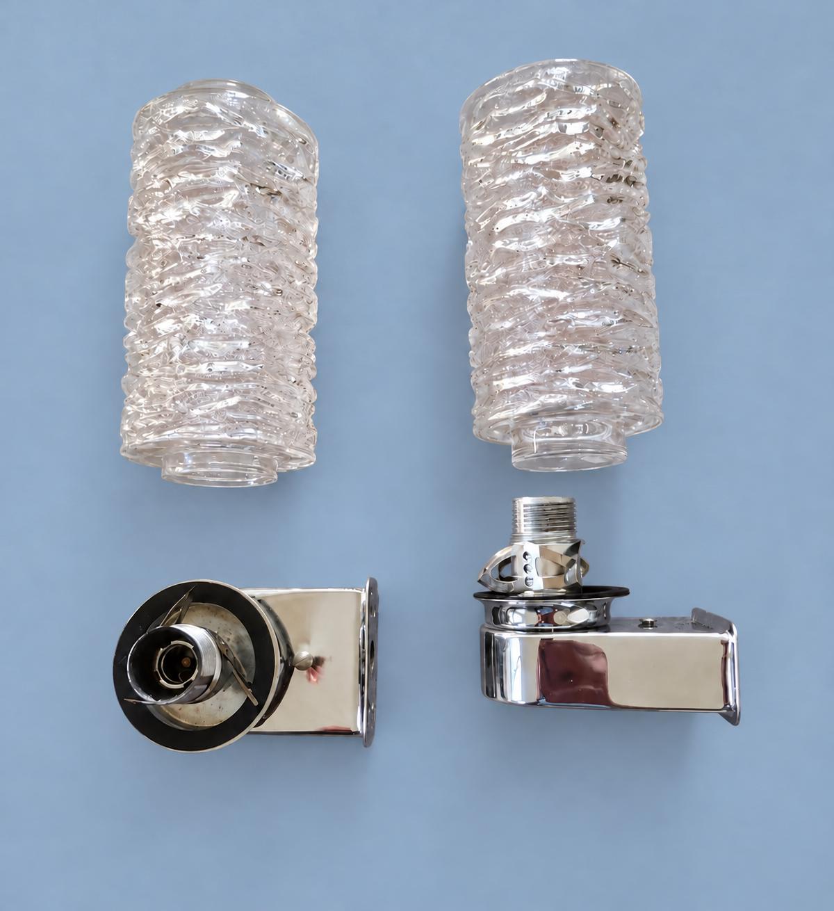Vintage Pair of Ice Glass Wall Sconces, Attributed 1970s, Chrome-Finish Metal with Textured Clear Glass Shades, 20 cm