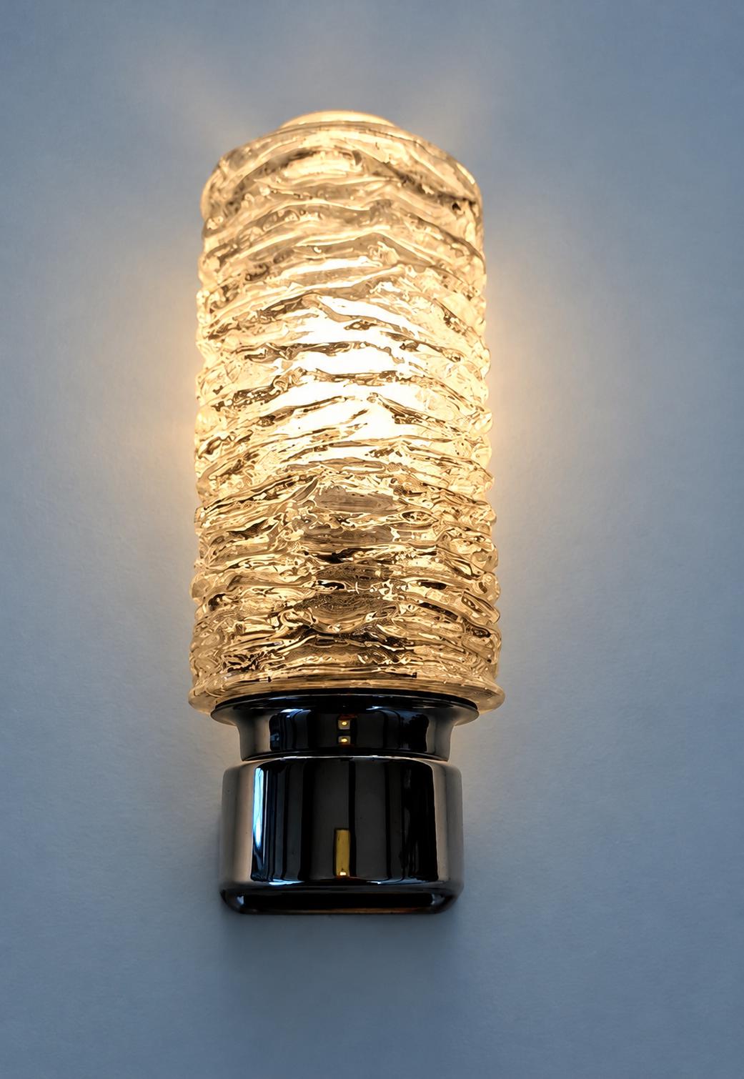 Vintage Pair of Ice Glass Wall Sconces, Attributed 1970s, Chrome-Finish Metal with Textured Clear Glass Shades, 20 cm
