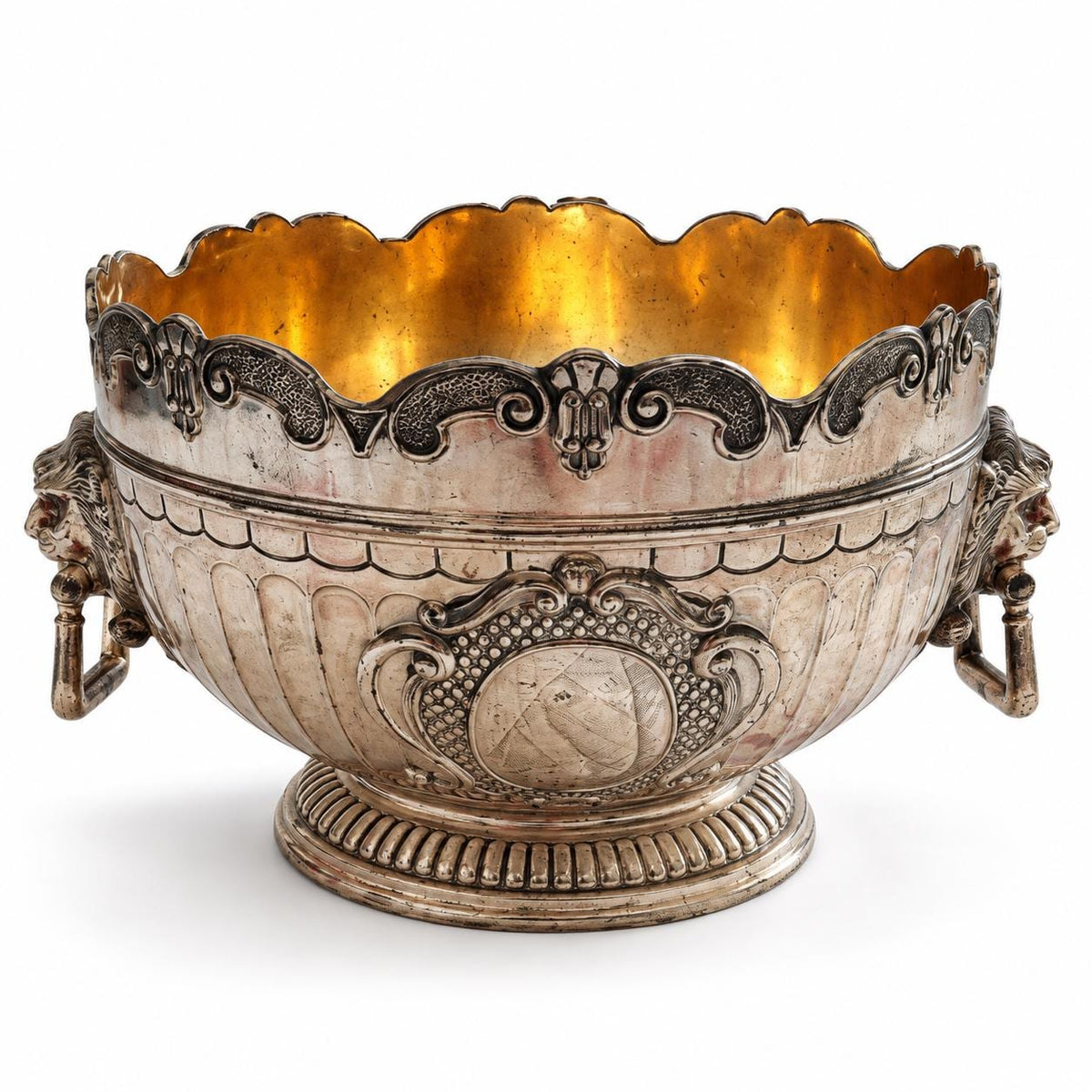 Monteith Style Bowl in Silver-Tone Metal with Gilt-Tone Interior, Lion Mask Ring Handles, Scalloped Rim, Blank Cartouche