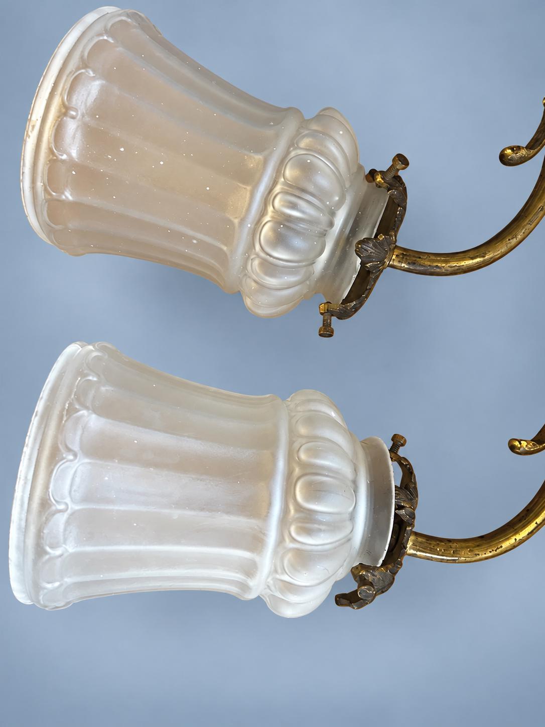 Vintage Pair of Louis XVI Style Brass Wall Sconces, Attributed 19th Century, Arrow and Swan-Neck Arms, Frosted Glass Tulips, 26 cm