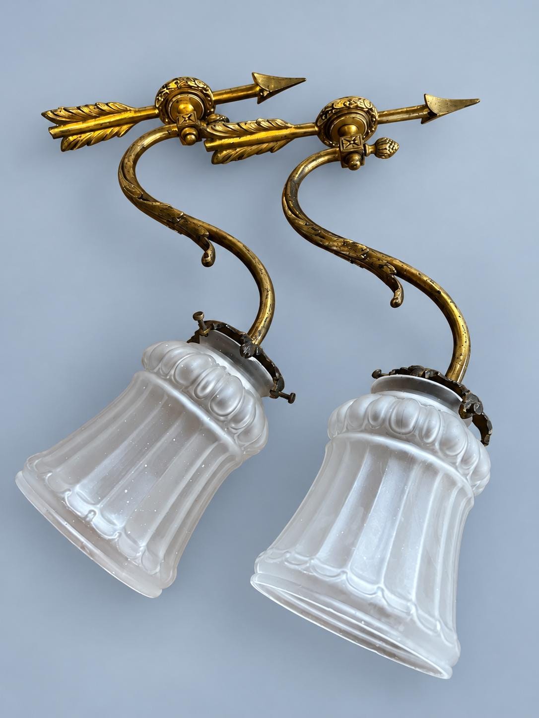 Vintage Pair of Louis XVI Style Brass Wall Sconces, Attributed 19th Century, Arrow and Swan-Neck Arms, Frosted Glass Tulips, 26 cm