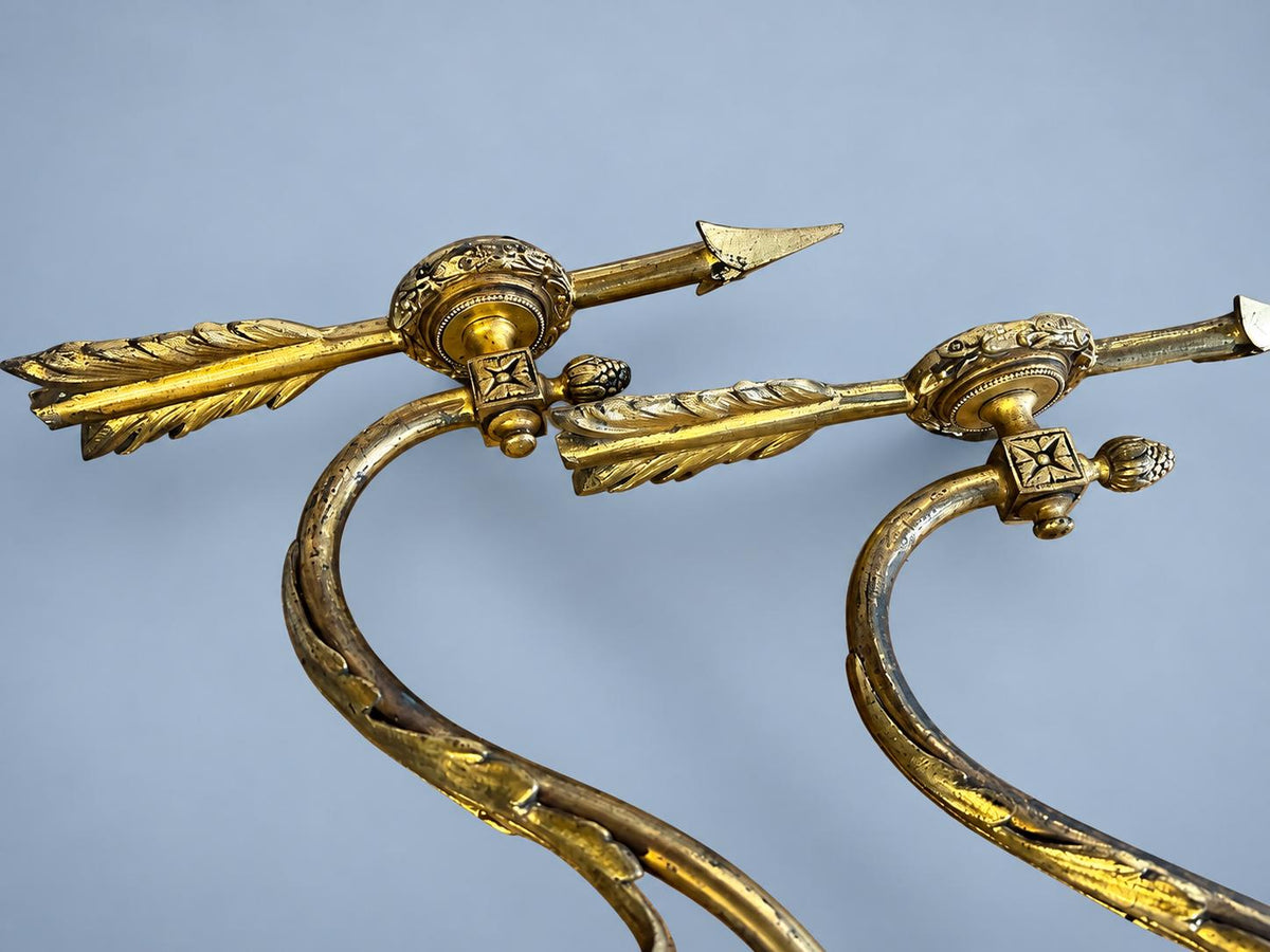 Vintage Pair of Louis XVI Style Brass Wall Sconces, Attributed 19th Century, Arrow and Swan-Neck Arms, Frosted Glass Tulips, 26 cm
