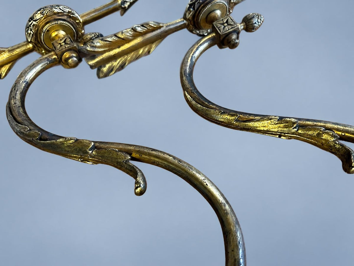 Vintage Pair of Louis XVI Style Brass Wall Sconces, Attributed 19th Century, Arrow and Swan-Neck Arms, Frosted Glass Tulips, 26 cm